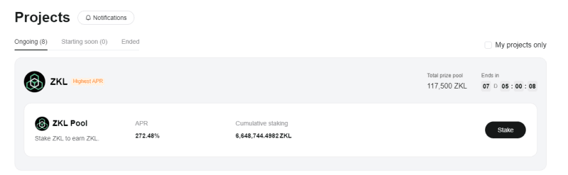 Bitget PoolX projects screen showing a ZKL pool at 272.48% APR