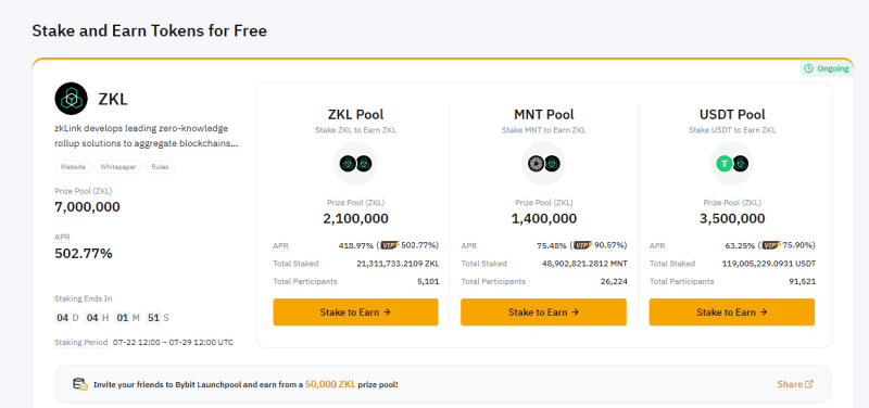 Bybit Launchpool screen showing USDT and token pools with APRs in the hundreds of percent